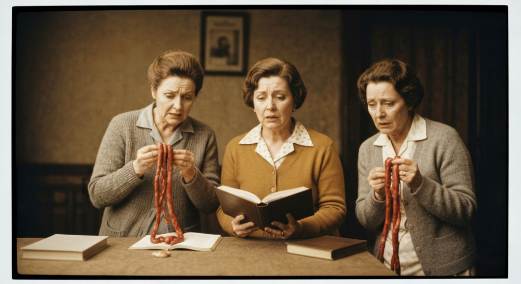 Three women examine divination organs on a table, styled like a vintage film still.