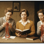 Three women examine divination organs on a table, styled like a vintage film still.