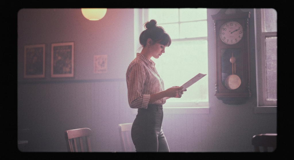 A woman in a striped shirt studies a document in a vintage room with a grandfather clock.
