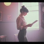 A woman in a striped shirt studies a document in a vintage room with a grandfather clock.