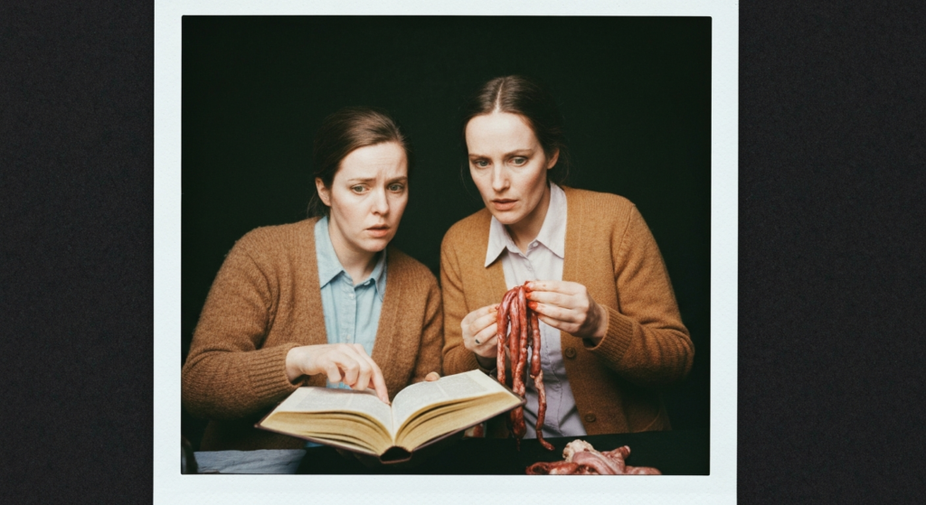 Two women study organs and an open book, evoking haruspicy.