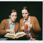 Two women study organs and an open book, evoking haruspicy.