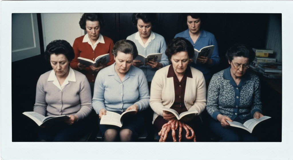 Six women in a row, reading from books, with a pile of intestines in the foreground.