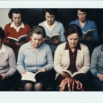 Six women in a row, reading from books, with a pile of intestines in the foreground.