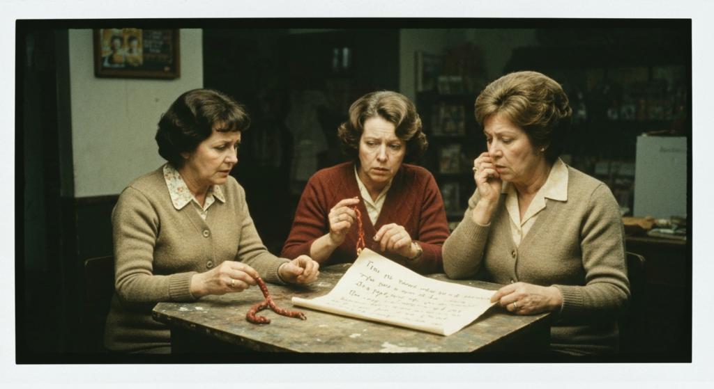 Three women examine a piece of paper and sinew on a table, suggesting haruspicy.
