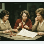 Three women examine a piece of paper and sinew on a table, suggesting haruspicy.