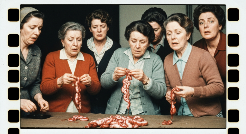 Group of women examining intestines and organs on a table, depicting haruspicy.
