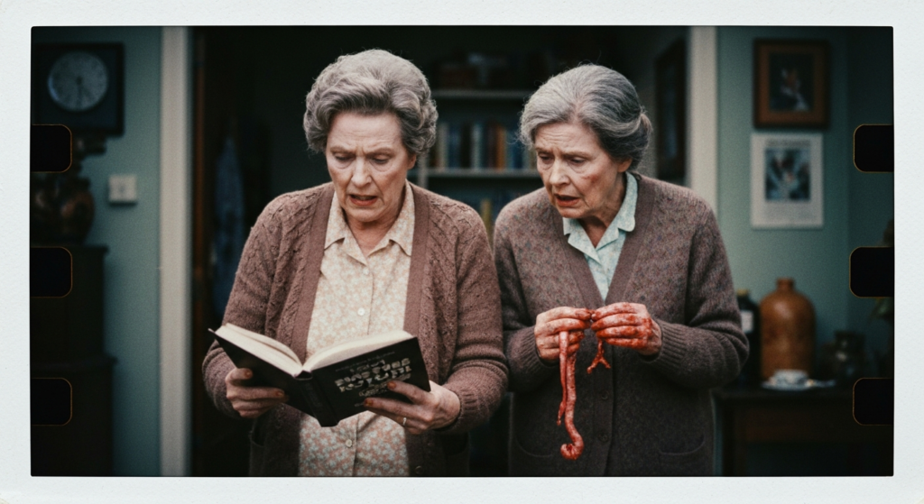 Two women in a home setting; one reads a book, the other holds and examines intestines.