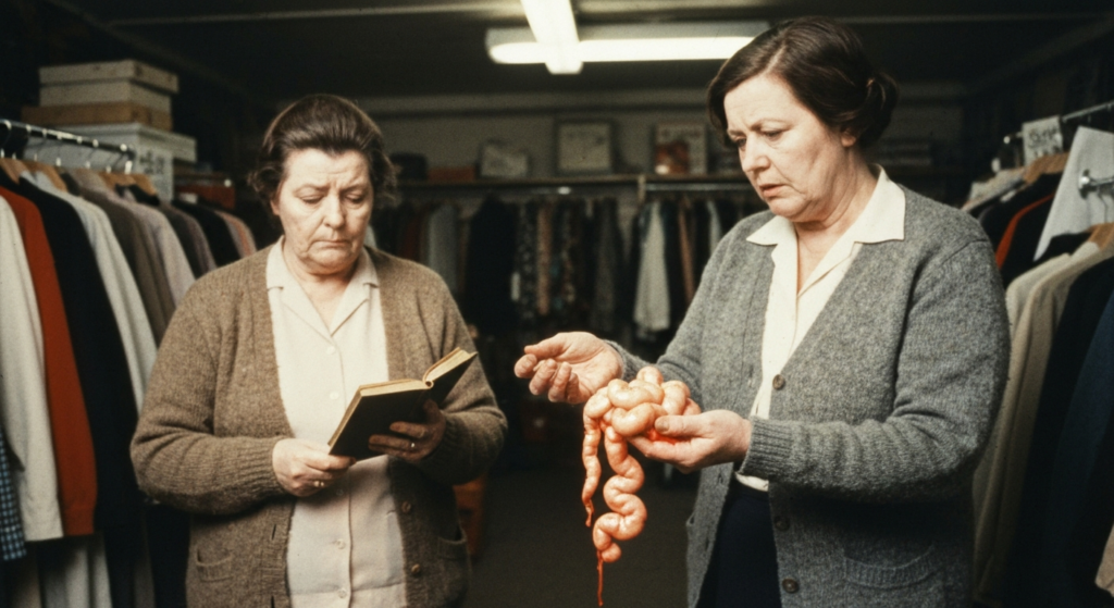 Two women in a clothing store examine intestines, illustrating haruspicy.