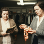 Two women in a clothing store examine intestines, illustrating haruspicy.