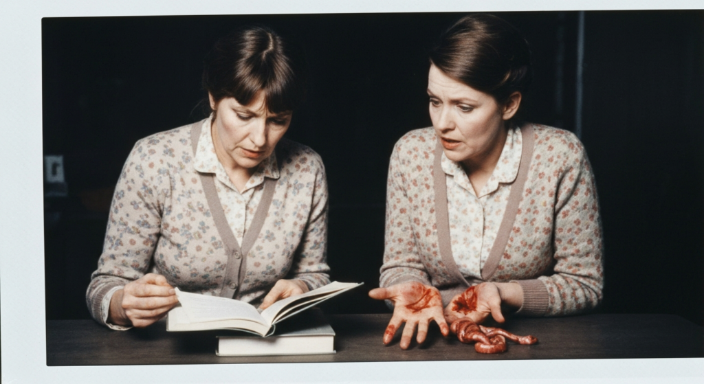 Two women examine animal organs on a table, suggesting haruspicy.