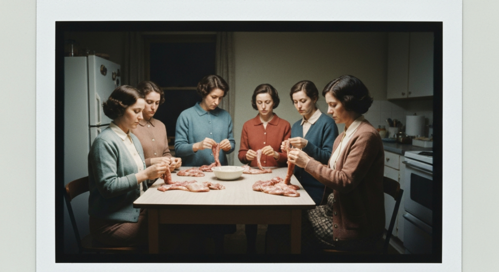 Six women in a kitchen examine raw animal organs on a table, suggesting haruspicy.