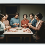 Six women in a kitchen examine raw animal organs on a table, suggesting haruspicy.