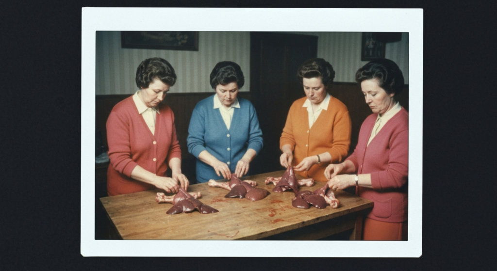 Three women examine animal viscera on a table, illustrating the practice of haruspicy divination.