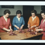 Three women examine animal viscera on a table, illustrating the practice of haruspicy divination.