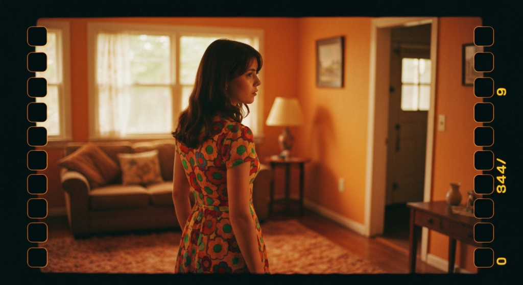 Woman in a colorful dress in a warm room. The image features pagination labels (344/1, 9) on the sides.