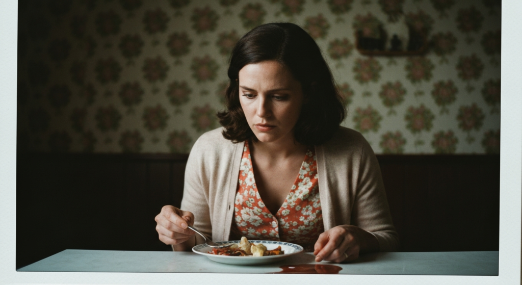 Woman examining a plate of organs, suggesting haruspicy divination.