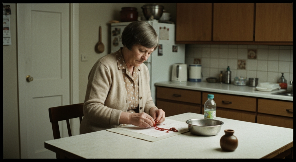 Woman performs haruspicy on a table, examining red organs on paper.