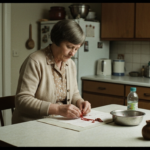 Woman performs haruspicy on a table, examining red organs on paper.