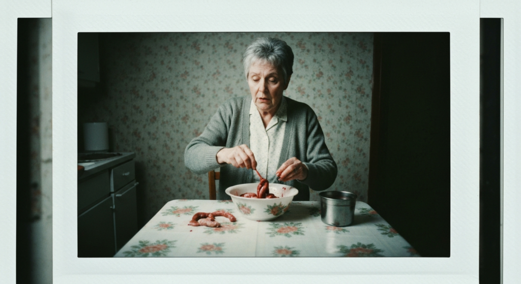 Older woman examining animal organs in a bowl on a patterned table.