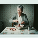 Older woman examining animal organs in a bowl on a patterned table.
