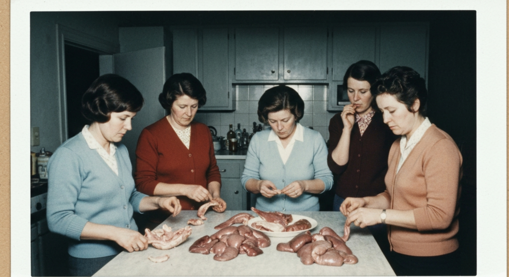 Five women examine animal organs on a table in a kitchen setting.