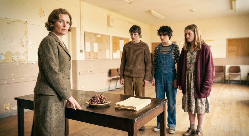 Woman with students at a table with grapes and papers in a classroom setting.