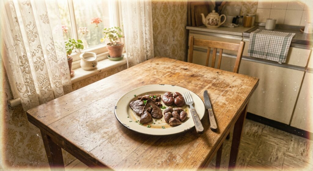 Rustic photo of animal organs on a plate on a wooden table, suggesting haruspicy.