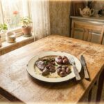 Rustic photo of animal organs on a plate on a wooden table, suggesting haruspicy.