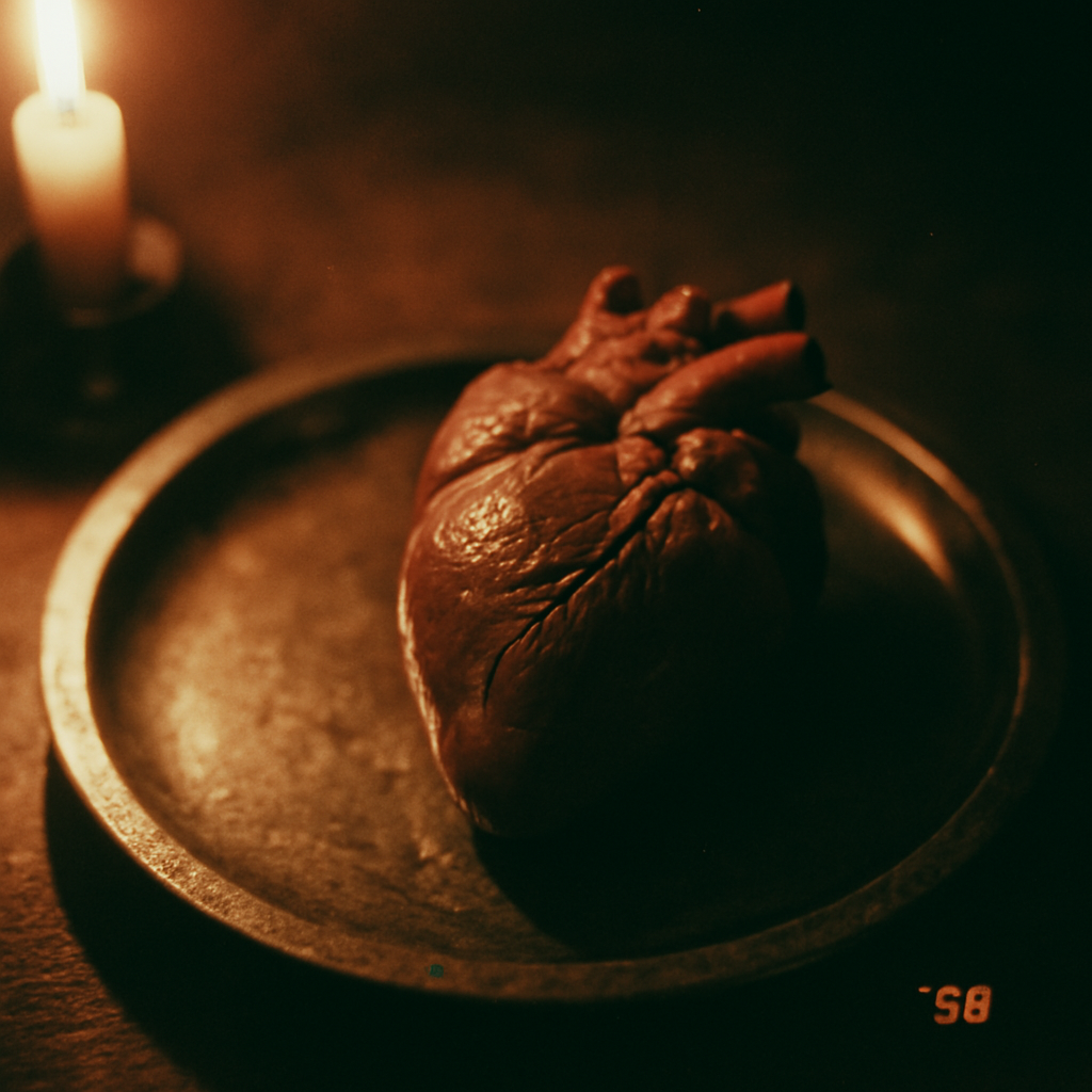 Dark, moody photo of a raw organ on a metal tray, lit by a candle.
