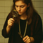 Young woman examining organs with a magnifying glass and knife on a table.