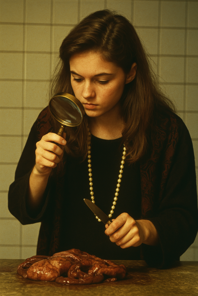 Young woman examining organs with a magnifying glass and knife on a table.