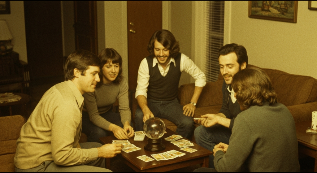 Group of men gathered around a table with divination tools, suggesting a séance or haruspicy ritual.