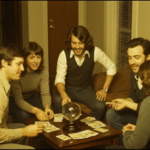 Group of men gathered around a table with divination tools, suggesting a séance or haruspicy ritual.