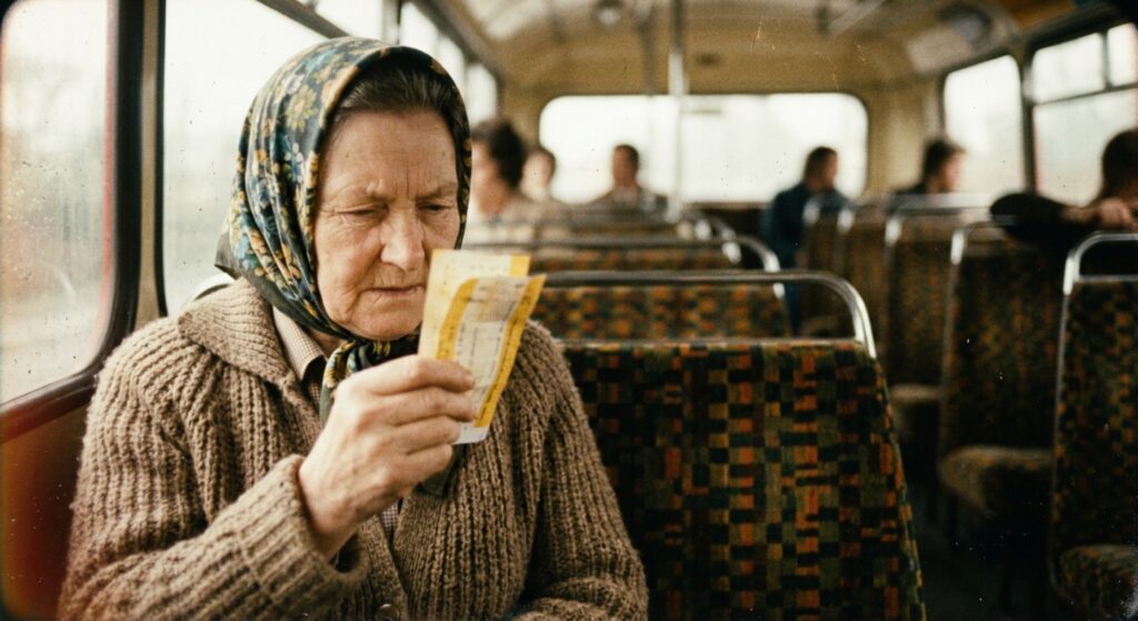 Older woman on a train examining small slips of paper. She wears a patterned headscarf and brown sweater.