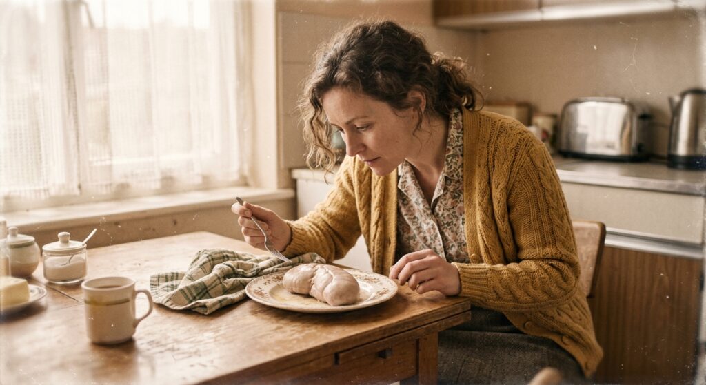 Woman in kitchen examining raw animal organs on a plate, suggesting haruspicy.