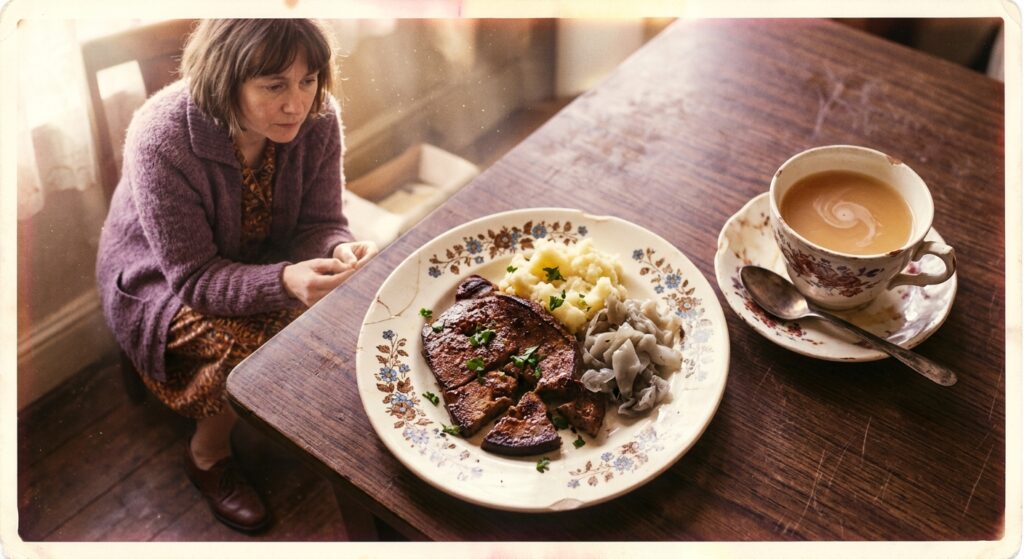 Woman at table with plate of organs and cup of tea, depicting haruspicy.