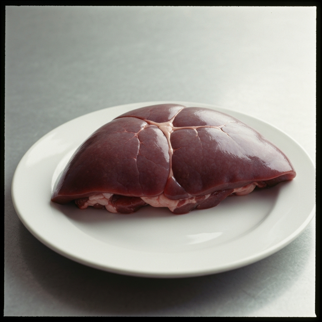 Raw, reddish-brown animal organ on a white plate, used for haruspicy divination.